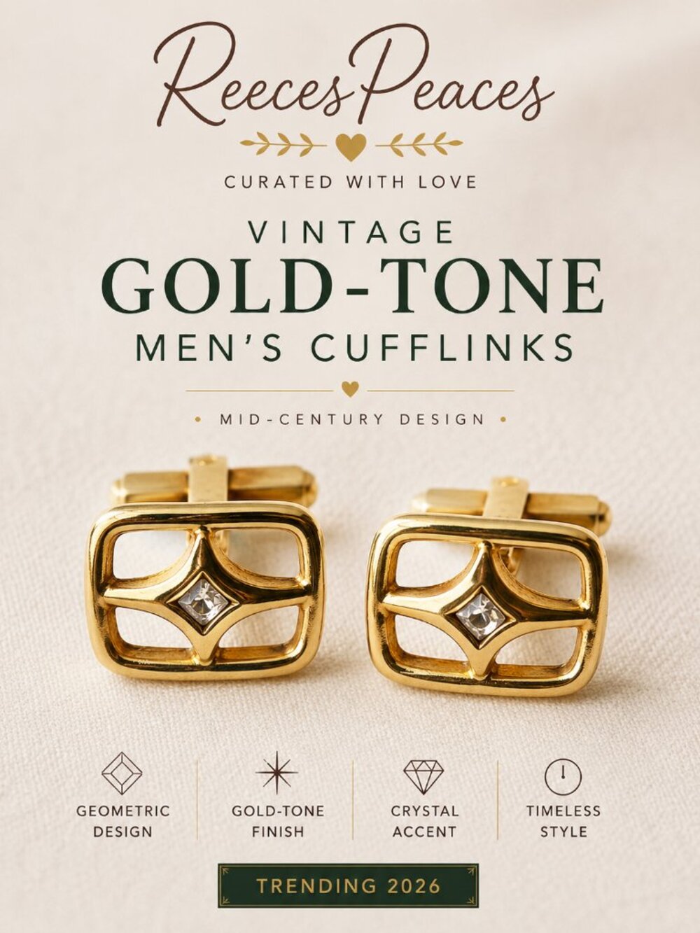 Vintage Mid-Century Modern Gold Tone Crystal Cufflinks | Men’s Retro Formalwear